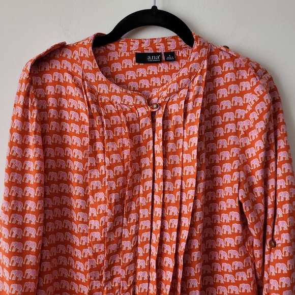 A.N.A. A New Approach Long Sleeve Blouse Orange + Pink Elephants Pleated Front - Picture 4 of 15